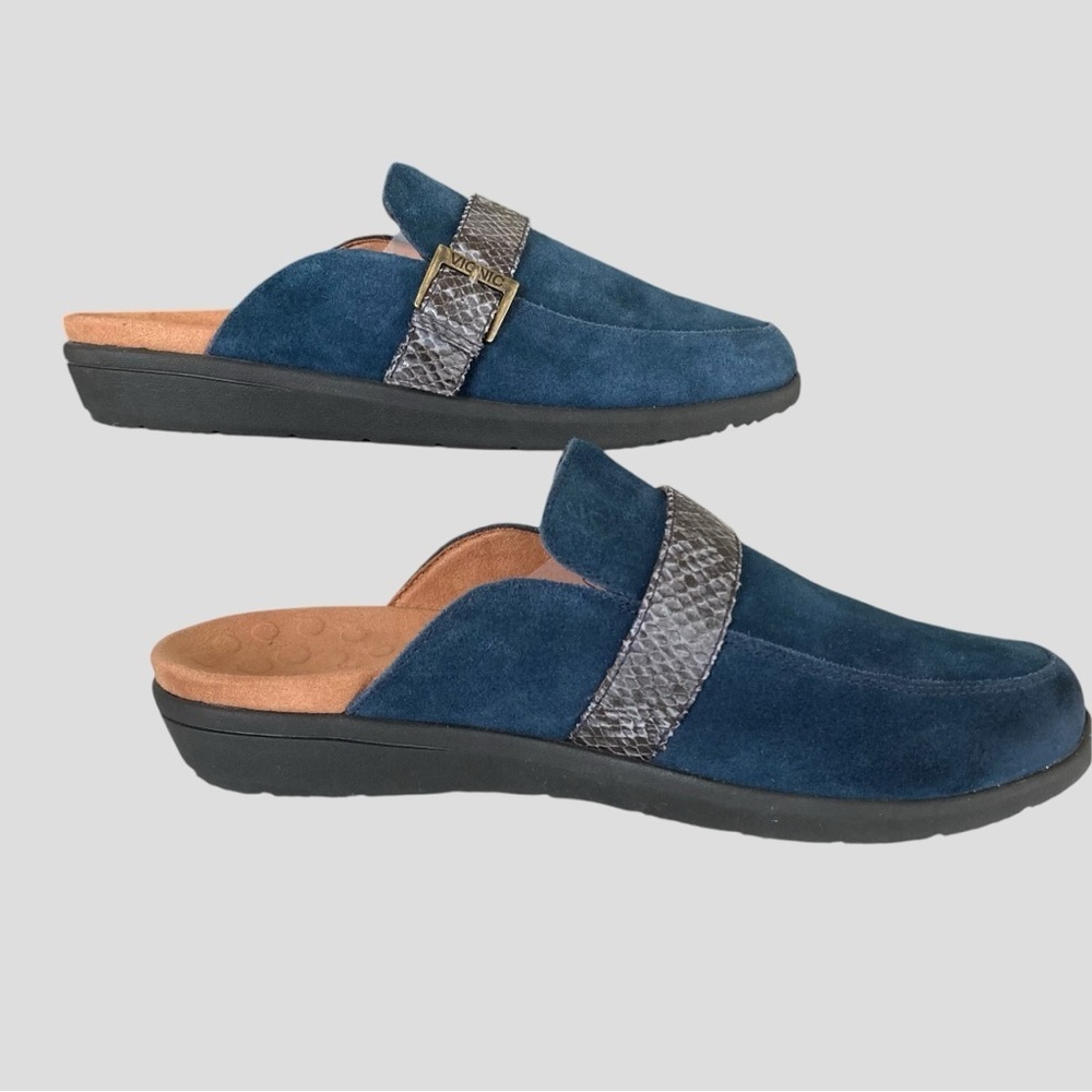 Vionic Blue Suede Mules with Snake Print Accent